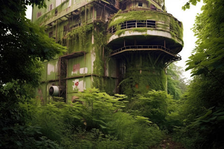 abandoned radar station overgrown with vegetation, created with generative aiの素材