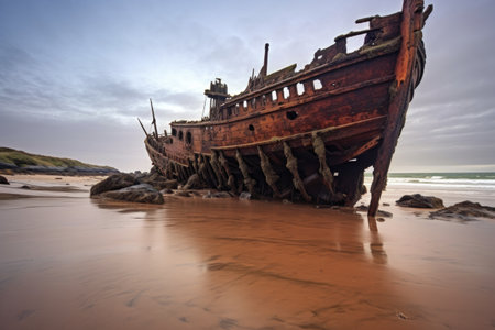 old pirate shipwreck washed ashore on a beach, created with generative aiの素材