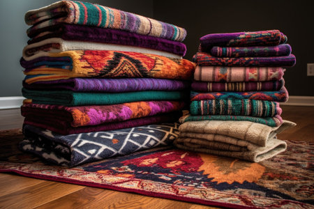 stack of rugs showcasing various patterns, created with generative aiの素材