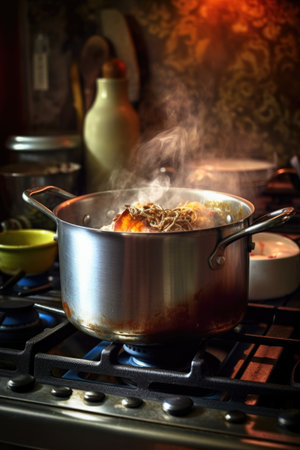 close-up of a simmering pot on the stove, created with generative aiの素材