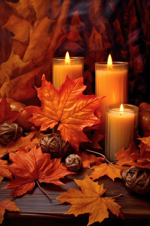 maple leaves and candles creating warm atmosphere, created with generative aiの素材