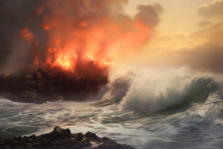 lava meeting the ocean, creating steam plumes, created with generative aiの素材