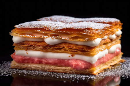 close-up of a mille-feuille with powdered sugar, created with generative aiの素材