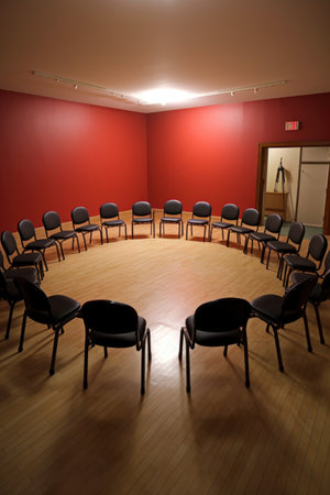 empty chairs arranged in a circle for group discussion, created with generative aiの素材