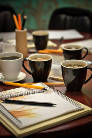 coffee cups, notepad, and pens arranged for a meeting, created with generative aiの素材