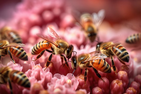 macro of bees collecting nectar from flowers, created with generative aiの素材
