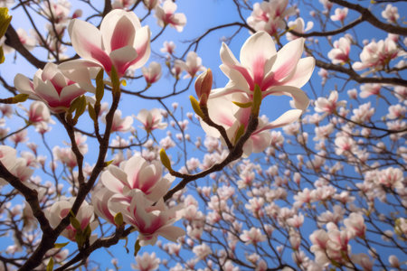 close-up of magnolia blossoms against blue sky, created with generative aiの素材