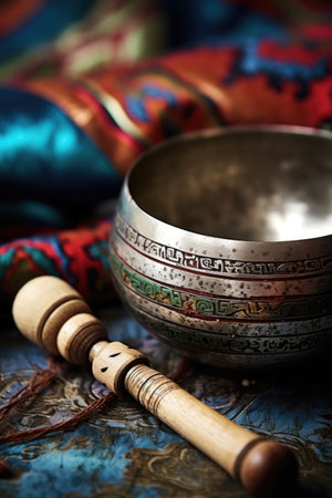 close-up of a tibetan singing bowl and mallet, created with generative aiの素材