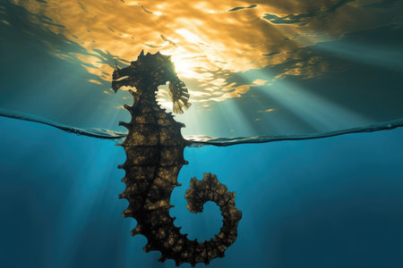 seahorse silhouette against a sunlit ocean surface, created with generative aiの素材