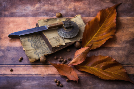 tobacco leaves and cigar cutter on vintage background, created with generative aiの素材