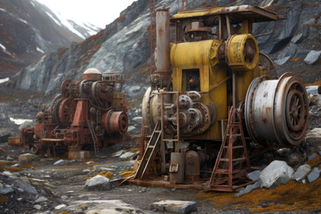 detail of well-worn mining equipment in a remote area, created with generative aiの素材