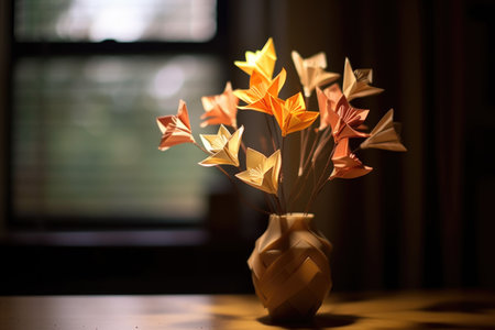 origami flowers in a vase with soft lighting, created with generative aiの素材