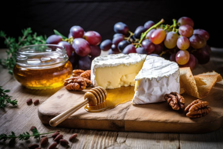 artisanal goat cheese with honey and figs on a wooden table, created with generative aiの素材