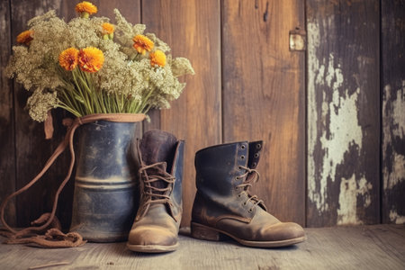 vintage leather boots on rustic wooden background, created with generative aiの素材