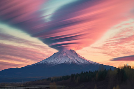 time-lapse of lenticular clouds shifting shapes over a majestic mountain, created with generative aiの素材