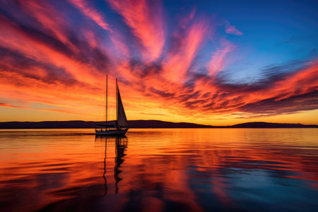 sailboat silhouette against vibrant sunset sky, created with generative aiの素材