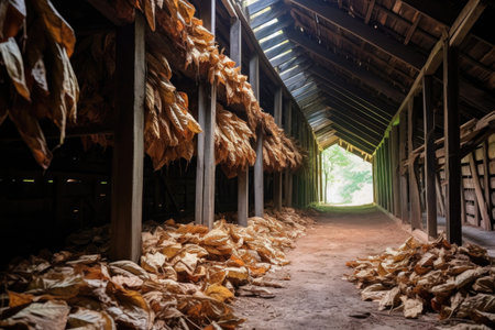 cigar leaves drying in traditional tobacco barn, created with generative aiの素材