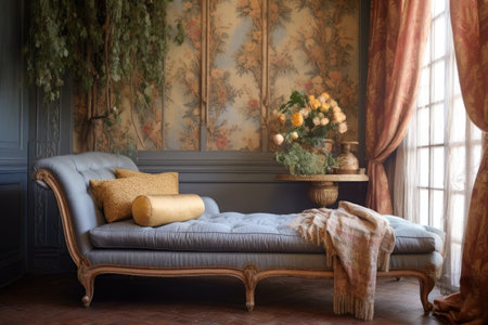 classic french-style chaise lounge in a vintage room, created with generative aiの素材