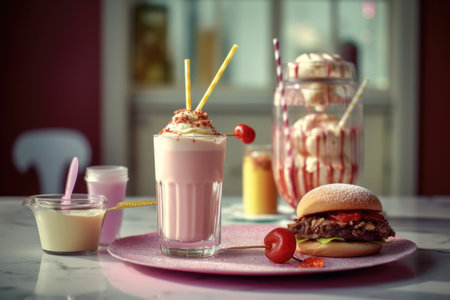 milkshake and burger served on a diner table, created with generative aiの素材