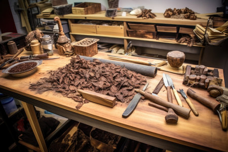 cigars in various stages of completion on workbench, created with generative aiの素材