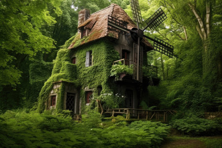 historic windmill surrounded by greenery, created with generative aiの素材