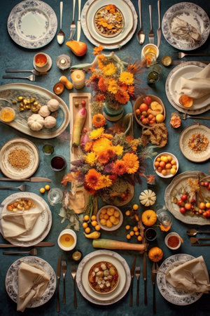 top view of thanksgiving dinner table with empty plates, created with generative aiの素材