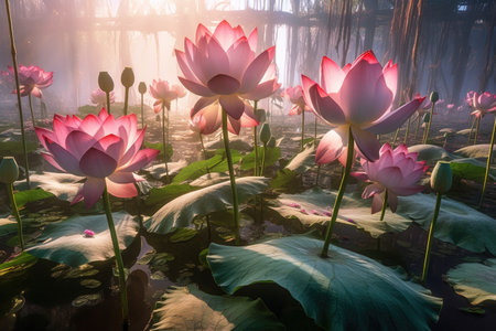 lotus flowers illuminated by sunlight, casting soft reflections, created with generative aiの素材