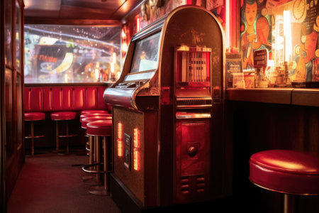close-up of vintage jukebox in diner corner, created with generative aiの素材