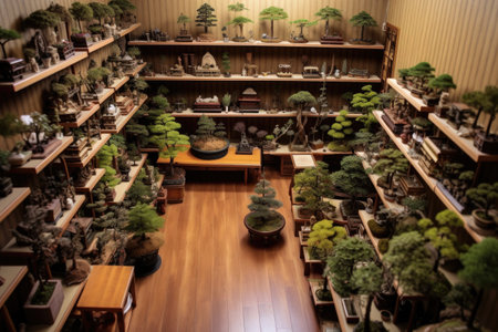 aerial view of diverse bonsai tree species on wooden shelves, created with generative aiの素材