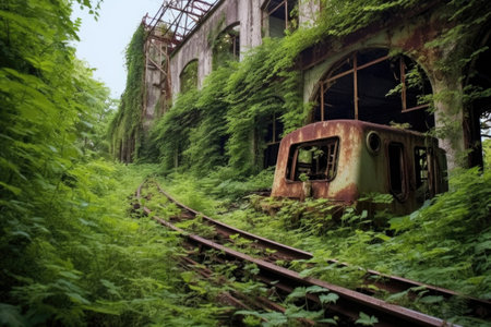 rusty roller coaster overgrown with ivy, created with generative aiの素材