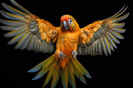 sun conure stretching its wings, showcasing colors, created with generative aiの素材