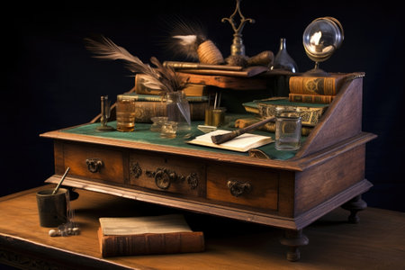 vintage wooden writing desk with quill and inkwell, created with generative aiの素材