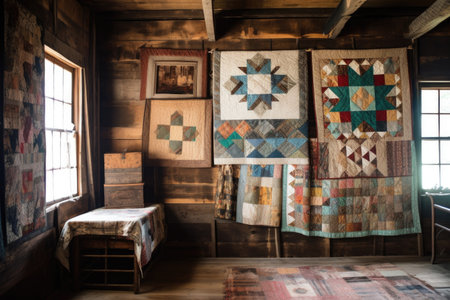 vintage quilts displayed on a rustic wooden wall, created with generative aiの素材