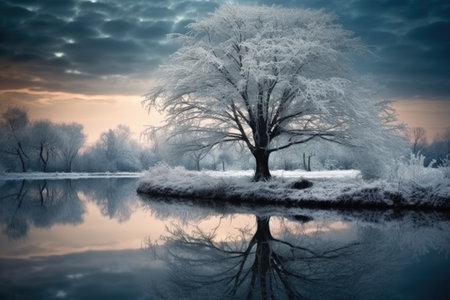 winter tree reflections on a frozen lake, created with generative aiの素材