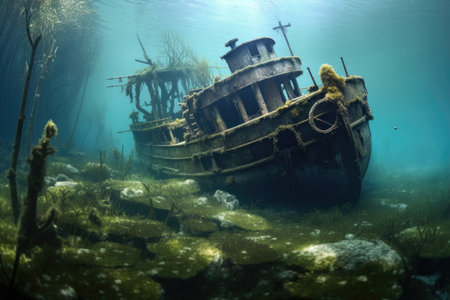 pirate shipwreck partially submerged in water, created with generative aiの素材