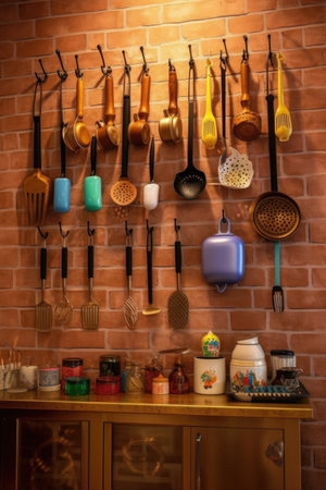 a row of neatly hanging cooking utensils on a wall, created with generative aiの素材