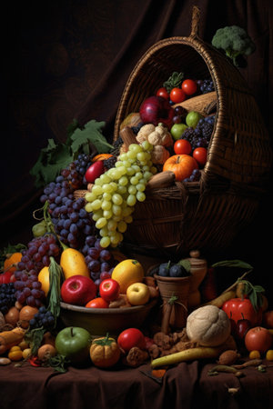 cornucopia filled with fruits, vegetables and nuts, created with generative aiの素材