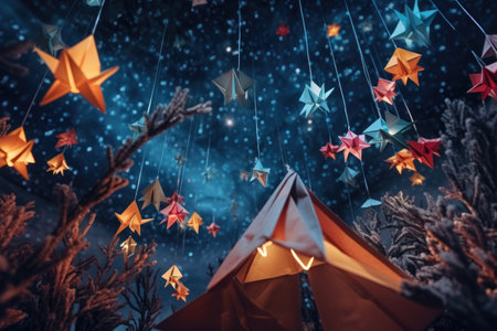 a night sky scene with origami stars and constellations, created with generative aiの素材