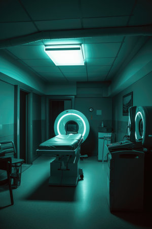 mri machine in an empty radiology room with dim light, created with generative aiの素材