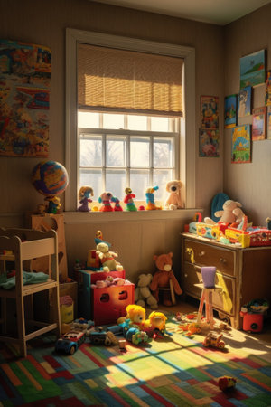 sunlit nursery with colorful toys and wall art, created with generative aiの素材