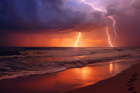 powerful lightning strike on distant ocean waves, created with generative aiの素材