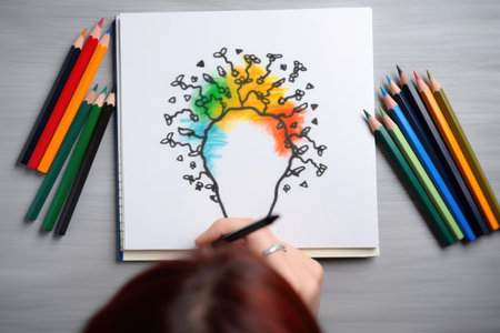 person, drawing mental health symbol on notebook with colored pencils, created with generative aiの素材