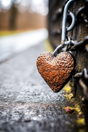 macro shot of a heart-shaped lock on a fence or bridge, created with generative aiの素材