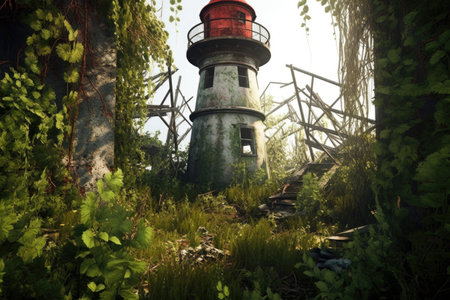 abandoned lighthouse with overgrown vegetation around it, created with generative aiの素材