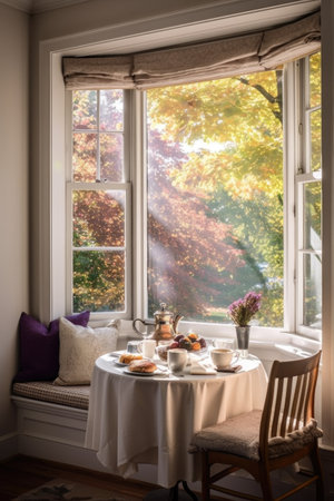 a cozy breakfast nook with a window view, created with generative aiの素材