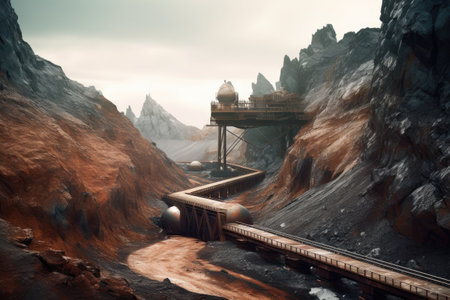 conveyor belts transporting extracted minerals in a remote landscape, created with generative aiの素材