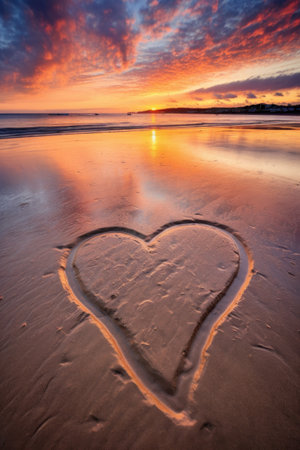a heart drawn in the sand on a beach during sunset, created with generative aiの素材