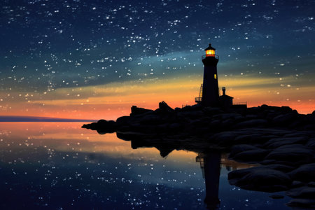 lighthouse silhouette at dusk with starry night sky, created with generative aiの素材