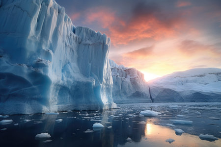 sunlit ice sheet breaking off a glacier, created with generative aiの素材
