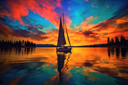 silhouette of a sailboat at sunset with vibrant colors, created with generative aiの素材